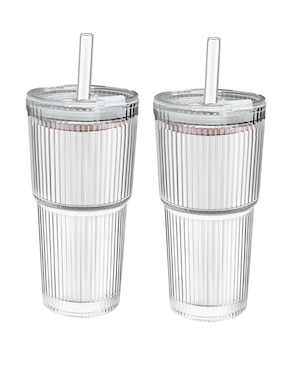 Set de vasos con tapa y popote Xtellar xtllar1917 de vidrio con 2 piezas