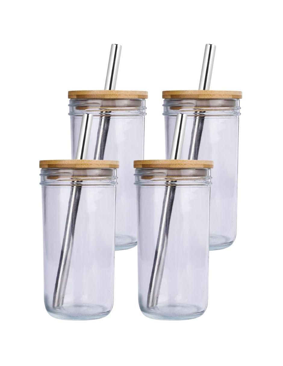 Vasos para beber con tapas de bambú y de vidrio, juego de 4 piezas