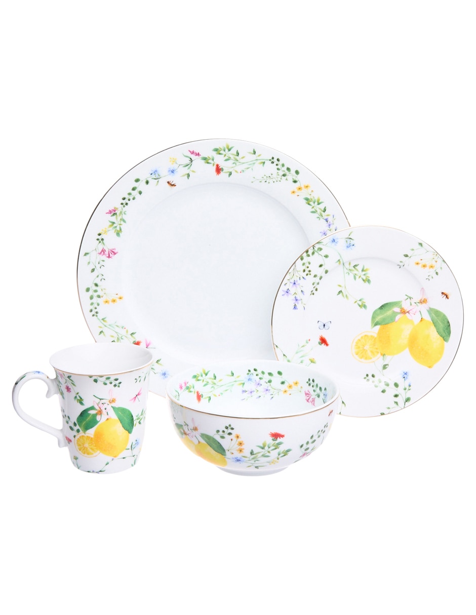 Vajilla cerrada Fleurs et Citrons de porcelana para personas