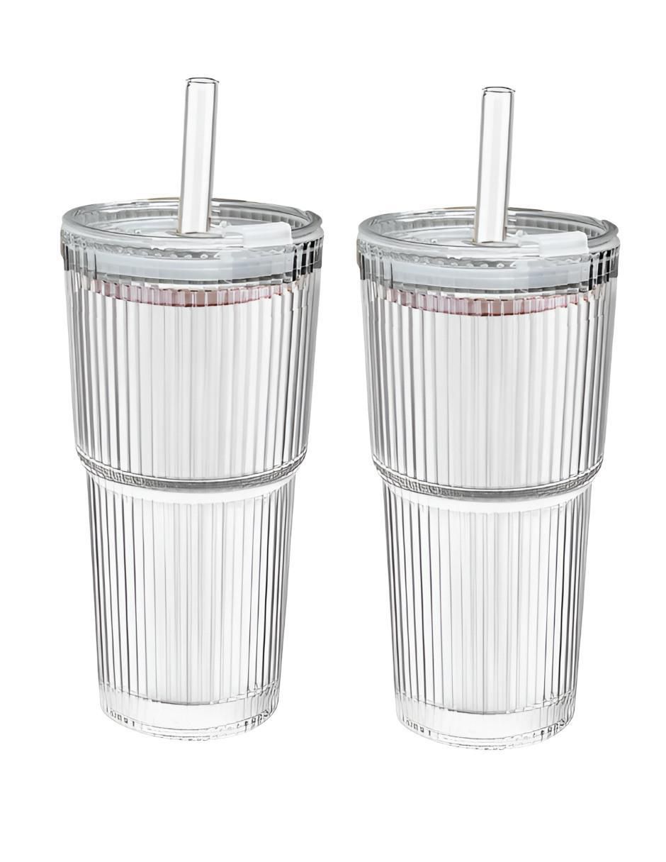 Set de vasos con tapa y popote xtllar1917 de vidrio con 2 piezas